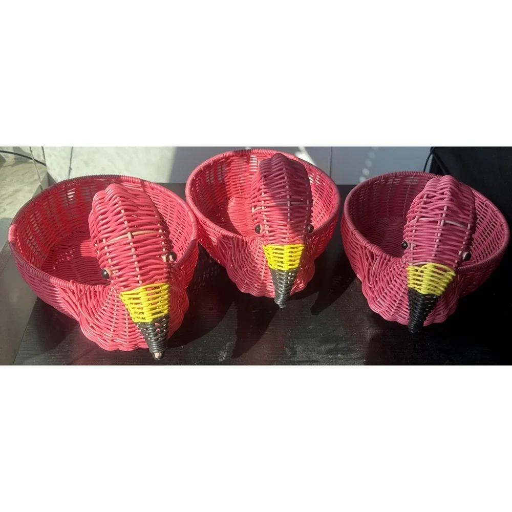 3 Flamingo Resin Wicker Pink Decor Baskets Centerpiece Indoor/Outdoor